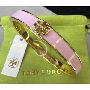 Tory Burch Pink Kira Hinged Bangle Bracelet Gold Trim New w Tag TB Dust Pouch